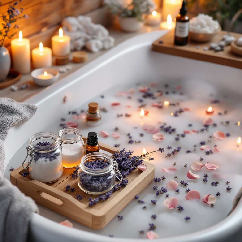 Entspannungsbad selber machen Rezept mit Lavendel, Meersalz und Rosenblüten in einer Badewanne