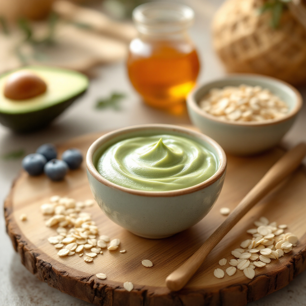 Gesichtsmaske selber machen trockene Haut mit Avocado und Honig auf Holztisch