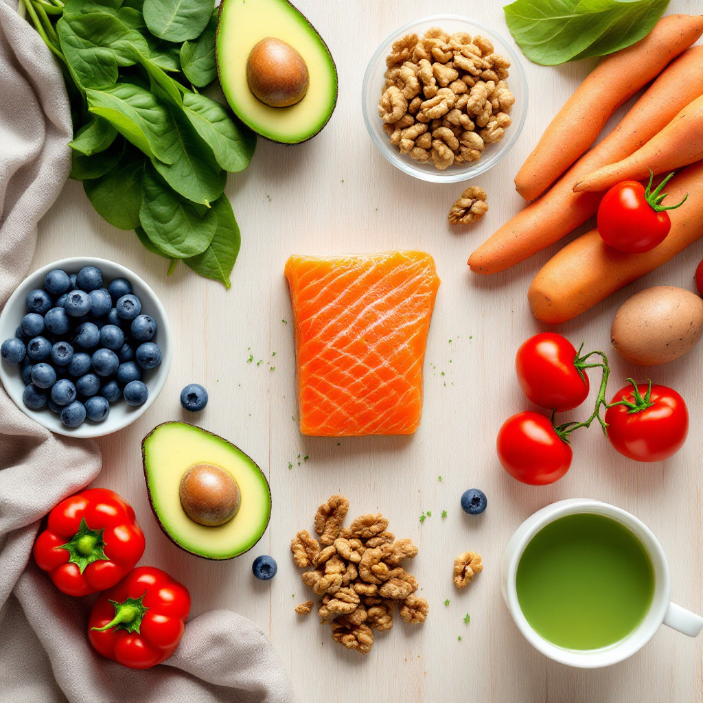 Verschiedene Lebensmittel für schöne Haut wie Avocado, Beeren, Lachs und grünes Gemüse auf einem Holztisch
