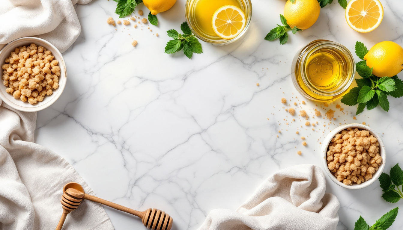 Zutaten und Schüsseln für Rezepte für Wellness und selbstgemachte Peelings